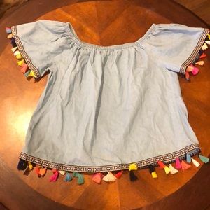 Speed Limit Chambray Tassel Off Shoulder Top Large
